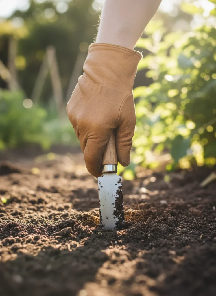 A close-up, depth-of-field shot of a Hori Hori knife plunged into rich, dark garden soil. A hand wearing a leather glove is gripping the handle. Sunlight filters through green foliage in the background