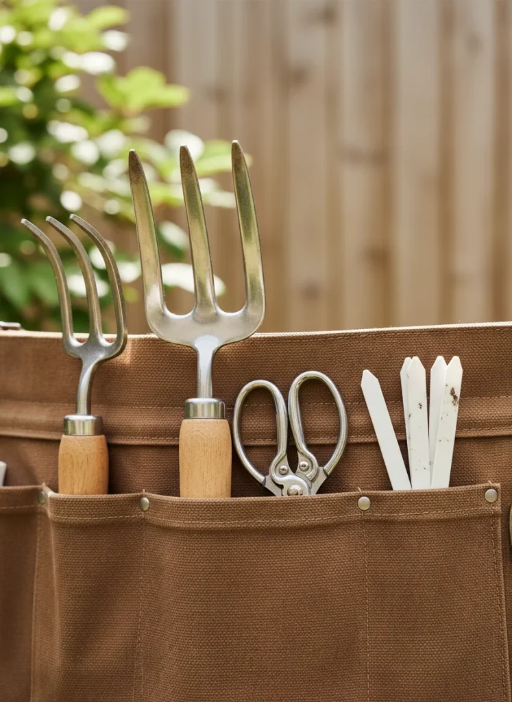 A vertical shot of a gardener's waist apron or tool belt, stocked with a hand fork, shears, and plant markers. The focus is on the texture of the canvas and the gleam of the metal tools. Pinterest style