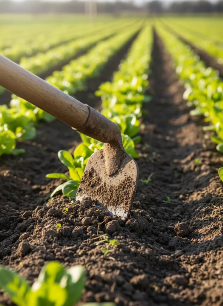A low-angle perspective shot of a garden hoe resting in a vegetable bed. The focus is on the blade meeting the soil, with blurred rows of lettuce or leafy greens stretching into the distance.