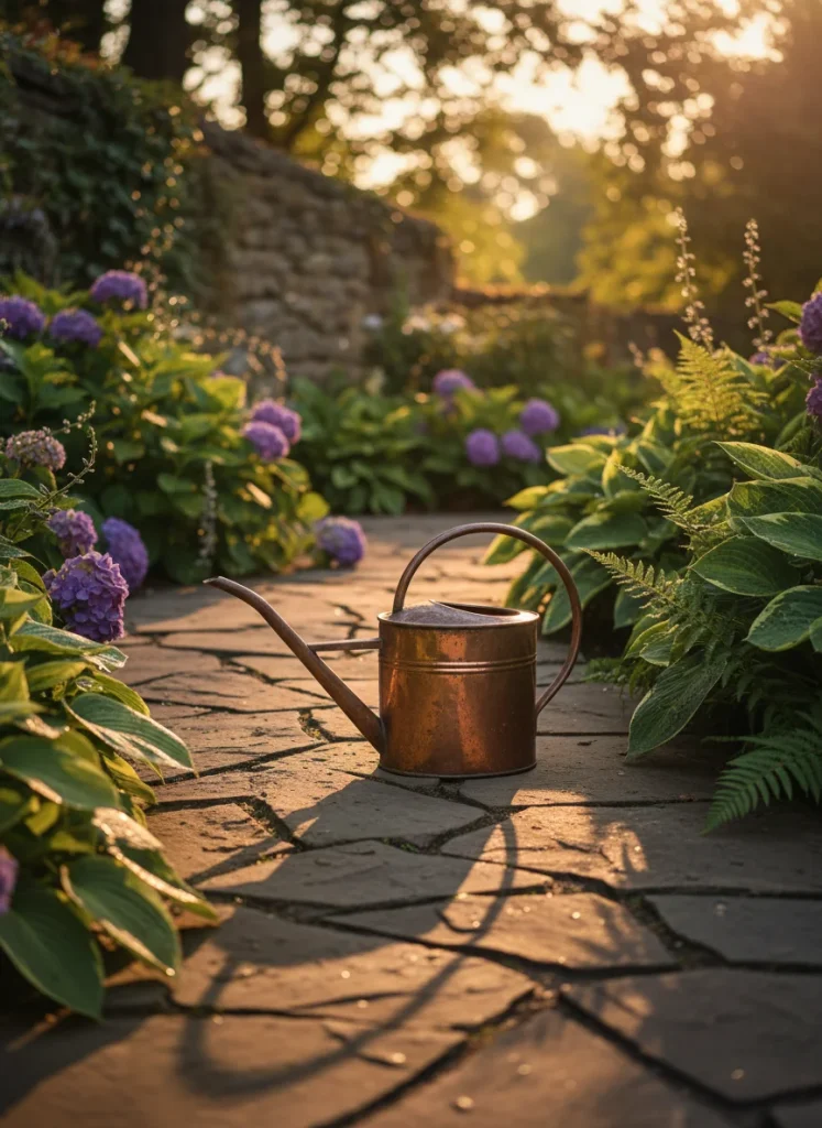 An atmospheric shot of a vintage metal watering can sitting on a stone garden path. Water droplets are visible on the surrounding plants. Golden hour lighting.