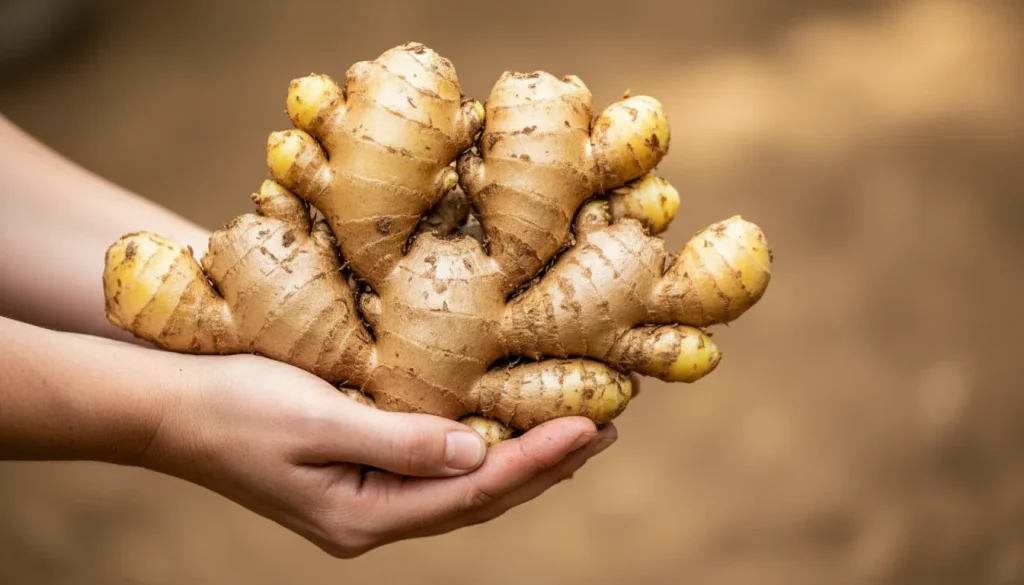 A vertical, high-contrast photograph of a pair of hands holding a massive, freshly dug clump of ginger. The soil is dark and rich, contrasting with the creamy gold of the rhizomes. The lighting is natural and moody, emphasizing the texture of the earth. Pinterest aesthetic.