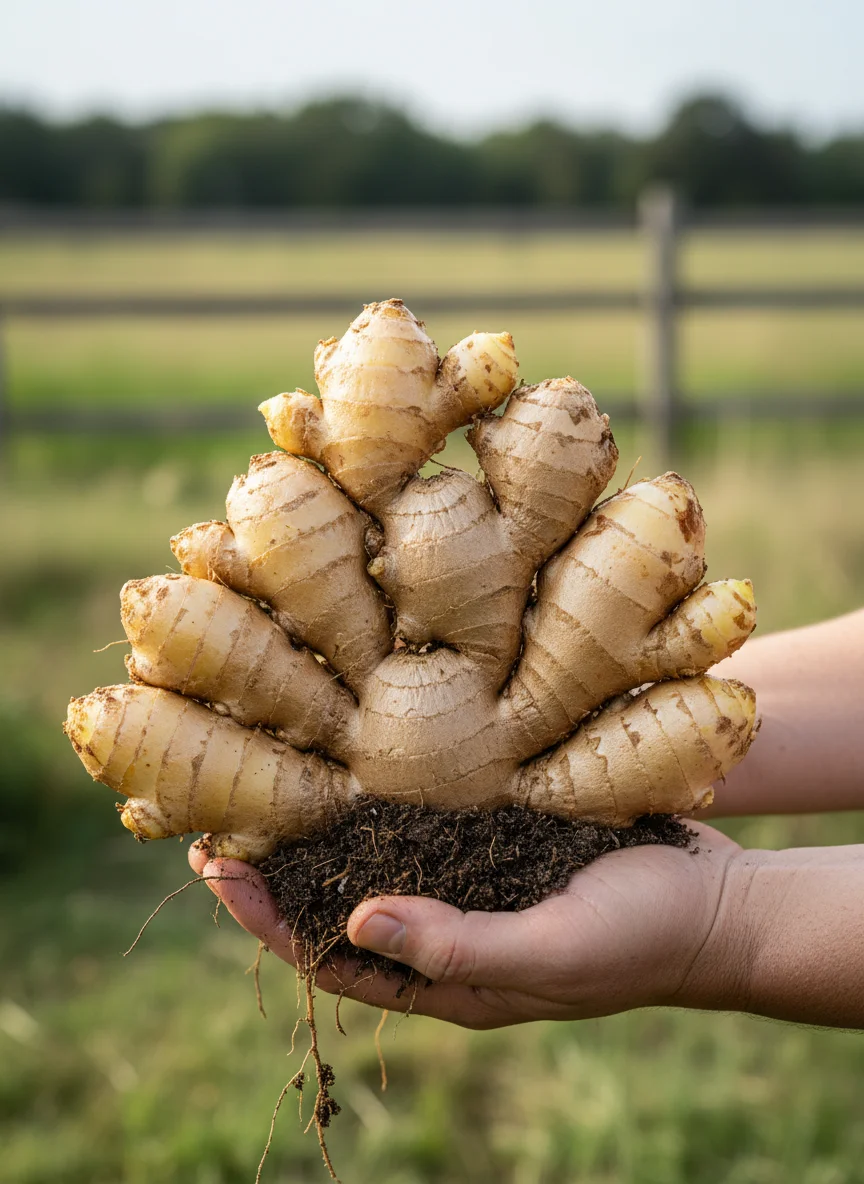 A vertical, high-contrast photograph of a pair of hands holding a massive, freshly dug clump of ginger. The soil is dark and rich, contrasting with the creamy gold of the rhizomes. The lighting is natural and moody, emphasizing the texture of the earth. Pinterest aesthetic.