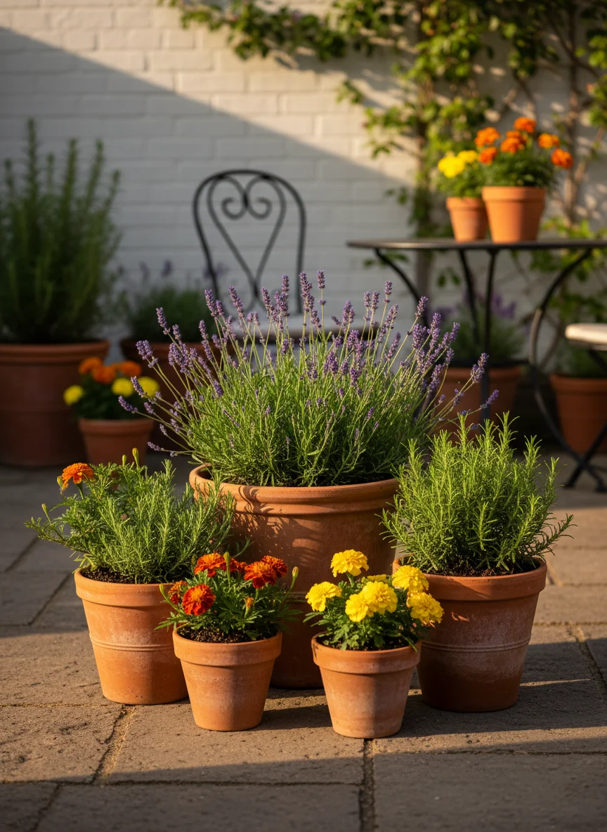 A vertical, high-contrast Pinterest-style shot of a lush patio garden featuring terracotta pots filled with lavender, rosemary, and marigolds. The lighting is golden hour, suggesting a peaceful, bug-free evening.