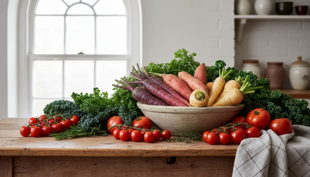 A vertical, aesthetic Pinterest-style photograph of a rustic wooden kitchen table overflowing with a mix of root vegetables, leafy greens, and bright red tomatoes, bathed in natural window light.