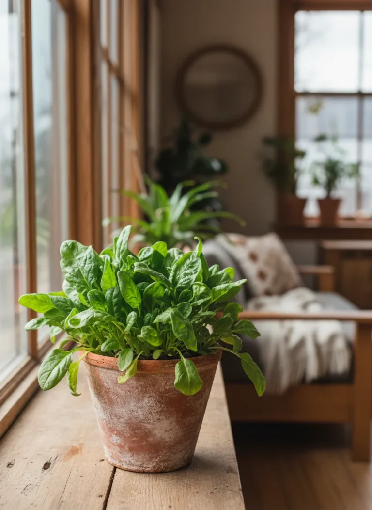 A vertical, high-quality, Pinterest-style photograph of lush, vibrant green spinach growing in a rustic terracotta pot on a sunlit wooden windowsill. The lighting is soft and natural, highlighting the texture of the crinkled leaves. The background is a blurred, cozy living room interior to emphasize indoor gardening