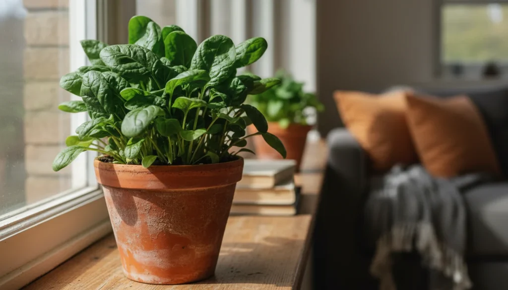 A vertical, high-quality, Pinterest-style photograph of lush, vibrant green spinach growing in a rustic terracotta pot on a sunlit wooden windowsill. The lighting is soft and natural, highlighting the texture of the crinkled leaves. The background is a blurred, cozy living room interior to emphasize indoor gardening
