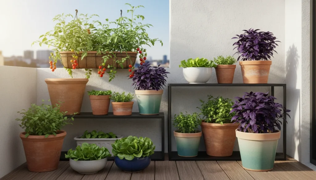 Banner Image Prompt: A vertical, high-resolution Pinterest-style photograph of a lush balcony garden. The image features terracotta and ceramic pots of varying sizes arranged on a wooden floor and metal shelving. Vibrant red cherry tomatoes, bright green lettuce, and purple basil are visible. Sunlight streams in from the side, creating a warm, inviting atmosphere. The aesthetic is clean, modern, and organic.