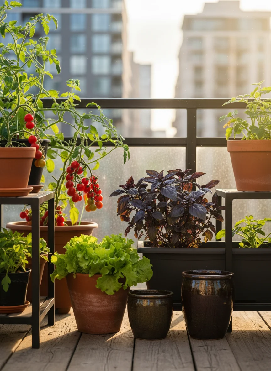 Banner Image Prompt: A vertical, high-resolution Pinterest-style photograph of a lush balcony garden. The image features terracotta and ceramic pots of varying sizes arranged on a wooden floor and metal shelving. Vibrant red cherry tomatoes, bright green lettuce, and purple basil are visible. Sunlight streams in from the side, creating a warm, inviting atmosphere. The aesthetic is clean, modern, and organic.