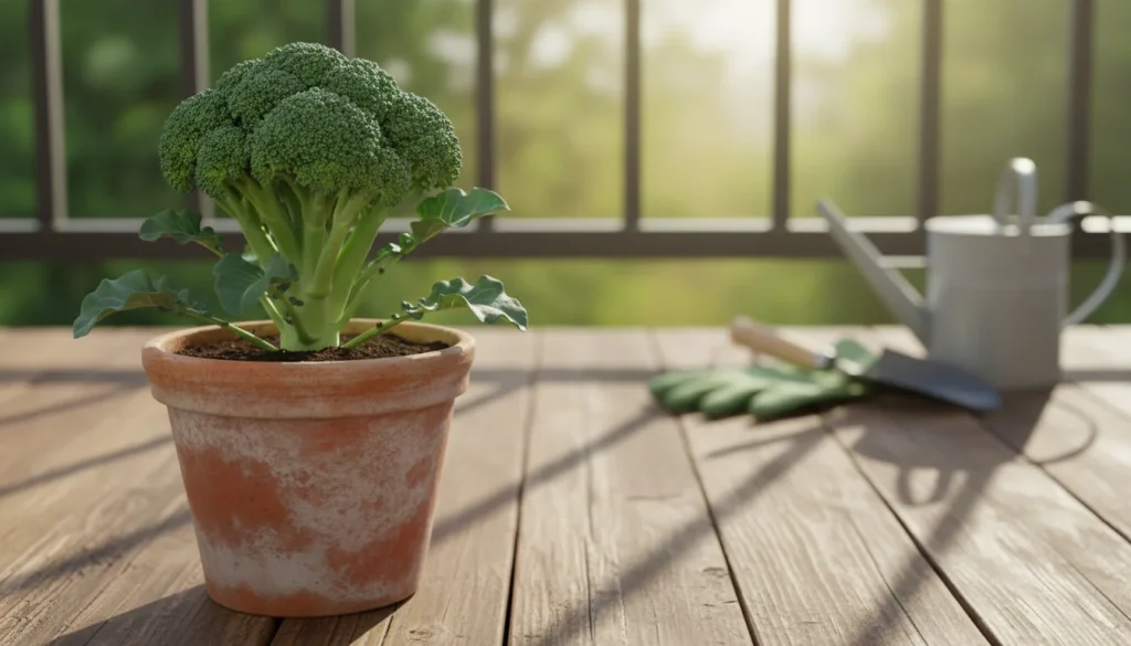 A vertical, high-quality Pinterest-style photograph showing a lush, deep green broccoli plant growing in a rustic terracotta pot on a sunlit wooden balcony. The focus is on the tight central head of the broccoli, with blurred gardening tools in the background.