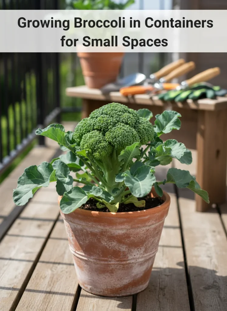 A vertical, high-quality Pinterest PIN showing a lush, deep green broccoli plant growing in a rustic terracotta pot on a sunlit wooden balcony. The focus is on the tight central head of the broccoli, with blurred gardening tools in the background. There is atitle that says 'Growing Broccoli in Containers for Small Spaces'