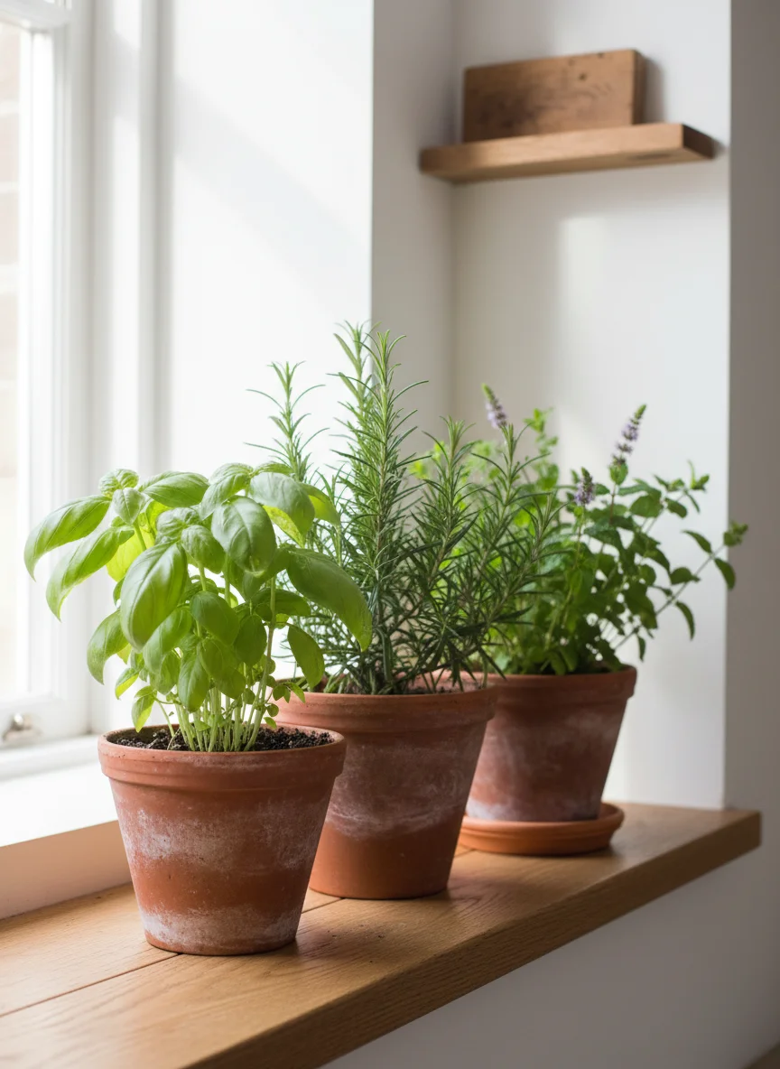 Vertical, Pinterest-style aesthetic photograph of a sunny kitchen windowsill lined with terracotta pots containing lush basil, rosemary, and mint. Natural morning light floods the scene, highlighting the texture of the leaves. Clean, white background with rustic wood accents.