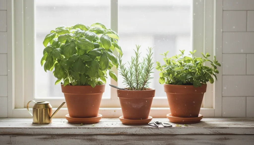 Vertical, Pinterest-style aesthetic photograph of a sunny kitchen windowsill lined with terracotta pots containing lush basil, rosemary, and mint. Natural morning light floods the scene, highlighting the texture of the leaves. Clean, white background with rustic wood accents.
