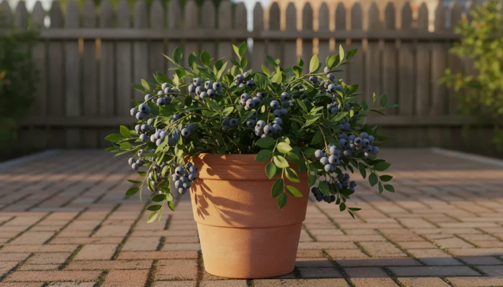 A vertical, high-resolution, Pinterest-style photograph of a large terracotta pot overflowing with a lush blueberry bush. The bush is laden with clusters of ripe, dusty-blue berries and vibrant green leaves. The pot sits on a rustic brick patio bathed in warm, golden-hour sunlight. In the background, a blurred garden fence adds depth. The image feels organic, abundant, and attainable.