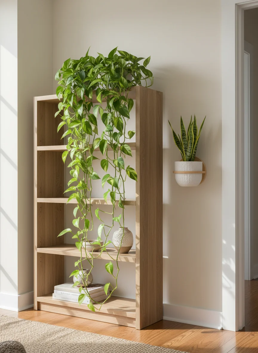 A vertical, high-resolution, Pinterest-style photograph showing a bright living room corner. The image focuses on a trailing Pothos plant cascading from the very top of a tall wooden bookshelf, while a second plant sits uniquely on a wall-mounted bracket beside a white door frame. The lighting is soft and natural, emphasizing the lush green against neutral wall colors
