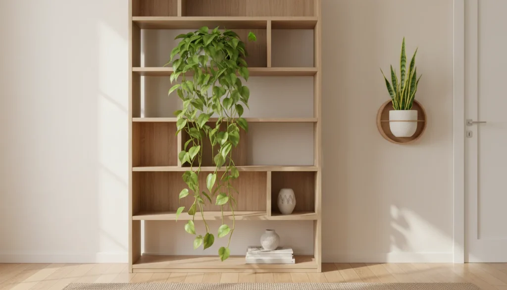 A vertical, high-resolution, Pinterest-style photograph showing a bright living room corner. The image focuses on a trailing Pothos plant cascading from the very top of a tall wooden bookshelf, while a second plant sits uniquely on a wall-mounted bracket beside a white door frame. The lighting is soft and natural, emphasizing the lush green against neutral wall colors