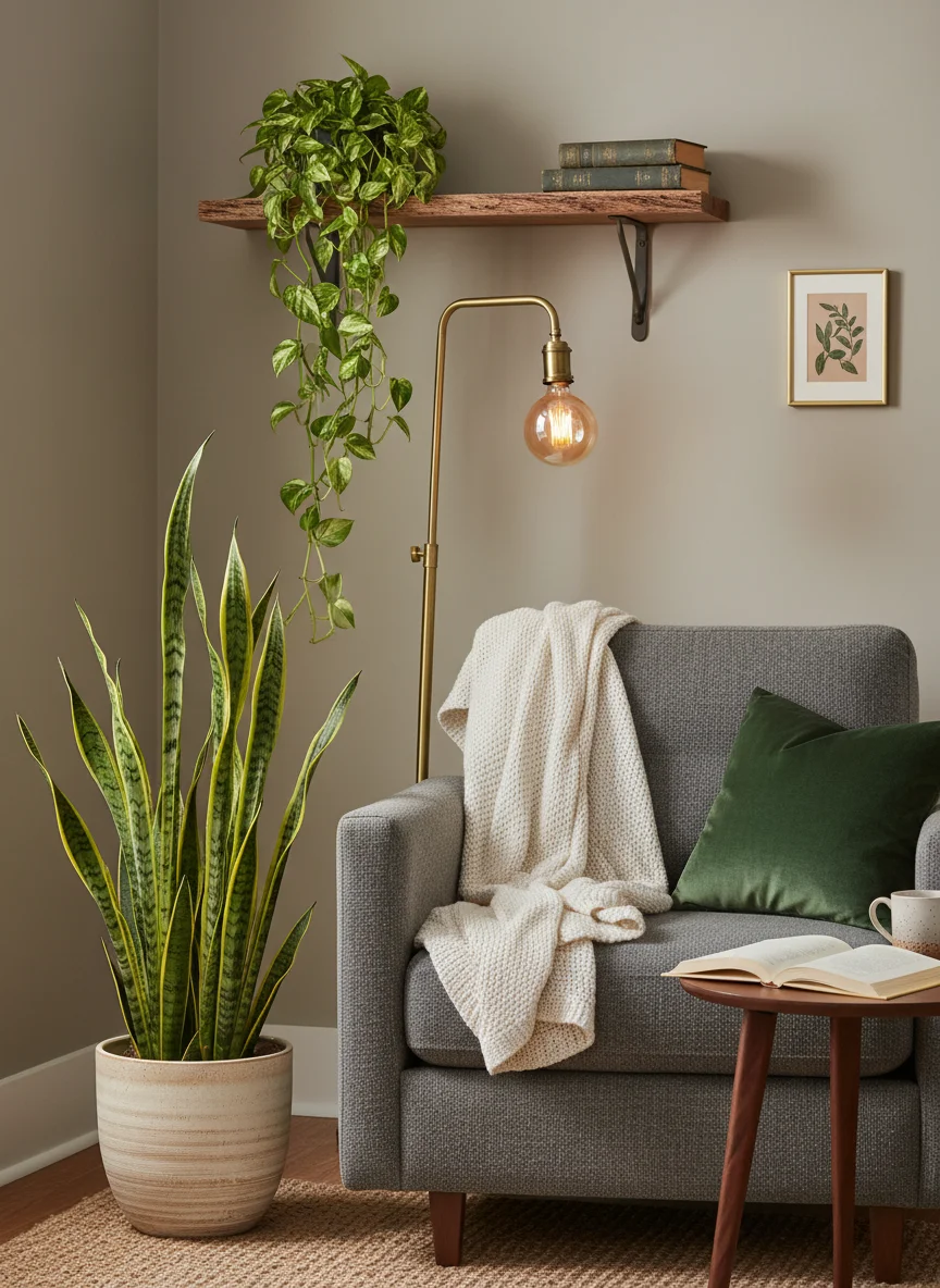 A vertical, high-resolution Pinterest-style photograph of a cozy, dimly lit reading corner. A lush, tall Snake Plant stands in a ceramic pot on the floor, while a trailing Pothos cascades from a wooden shelf above. The lighting is soft and moody, emphasizing the vibrant green leaves against a neutral wall color.
