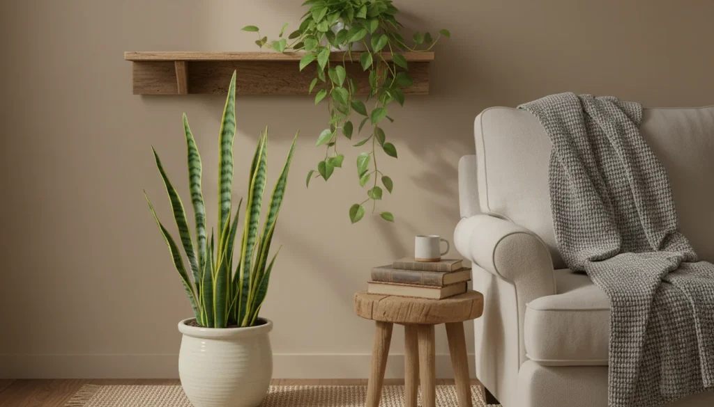 A vertical, high-resolution Pinterest-style photograph of a cozy, dimly lit reading corner. A lush, tall Snake Plant stands in a ceramic pot on the floor, while a trailing Pothos cascades from a wooden shelf above. The lighting is soft and moody, emphasizing the vibrant green leaves against a neutral wall color.
