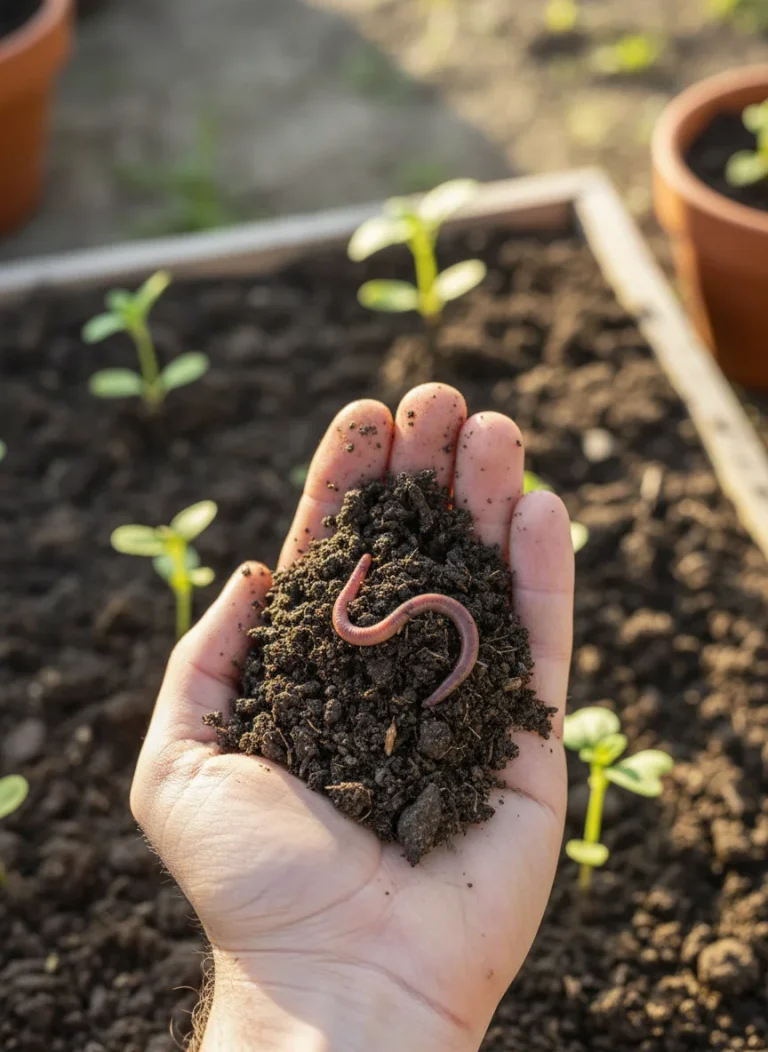 A vertical, high-quality Pinterest-style photograph looking down at rich, dark, crumbly garden soil. A hand is gently holding a clump of earth revealing a healthy pink earthworm. Fresh green seedlings are visible in the background, bathed in soft, natural morning light.
