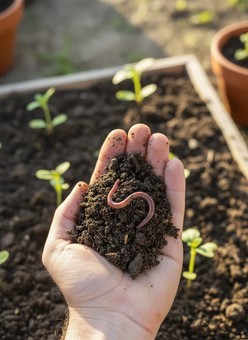 A vertical, high-quality Pinterest-style photograph looking down at rich, dark, crumbly garden soil. A hand is gently holding a clump of earth revealing a healthy pink earthworm. Fresh green seedlings are visible in the background, bathed in soft, natural morning light.