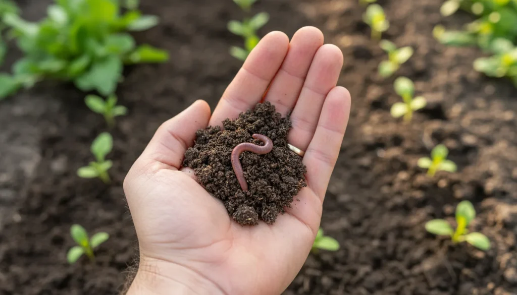 A vertical, high-quality Pinterest-style photograph looking down at rich, dark, crumbly garden soil. A hand is gently holding a clump of earth revealing a healthy pink earthworm. Fresh green seedlings are visible in the background, bathed in soft, natural morning light.