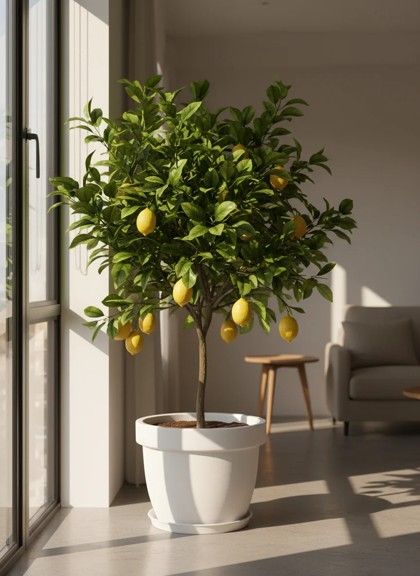 A vertical, high-resolution, Pinterest-style photograph of a lush potted lemon tree sitting in a bright, sun-drenched corner of a living room. The tree has glossy deep green leaves and several bright yellow lemons hanging from the branches. Soft morning light streams through a large window nearby, casting gentle shadows on a white pot.