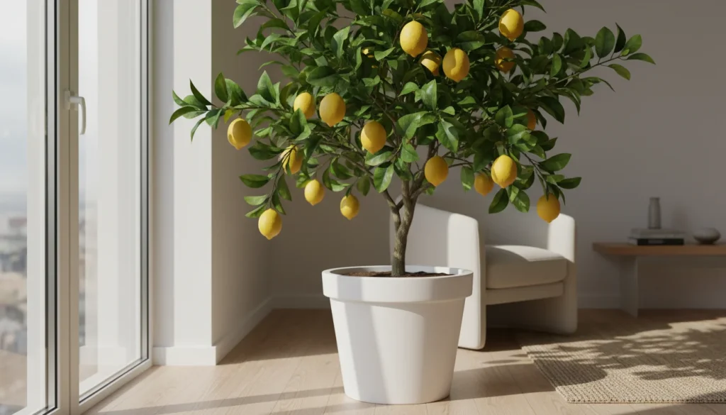 A vertical, high-resolution, Pinterest-style photograph of a lush potted lemon tree sitting in a bright, sun-drenched corner of a living room. The tree has glossy deep green leaves and several bright yellow lemons hanging from the branches. Soft morning light streams through a large window nearby, casting gentle shadows on a white pot.