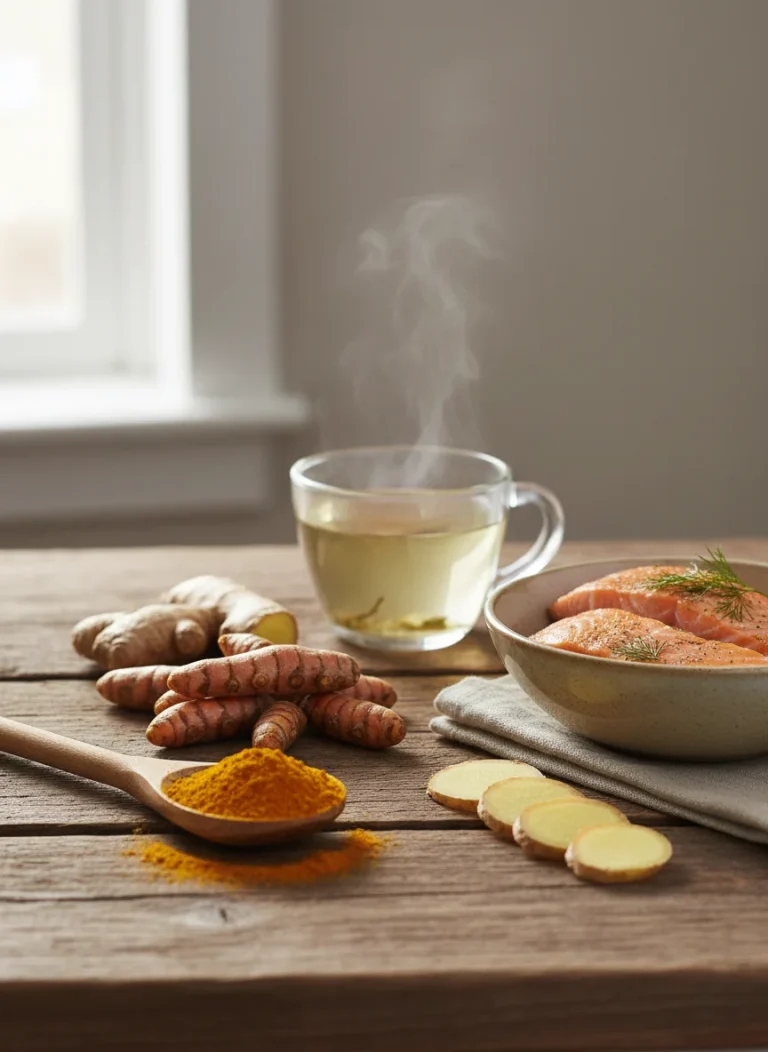 A high-quality, bright photograph featuring a rustic wooden table arranged with fresh turmeric roots, a wooden spoon of bright orange turmeric powder, slices of ginger, a bowl of salmon, and a cup of green tea. The lighting should be natural and soft, evoking a sense of wellness and organic health.