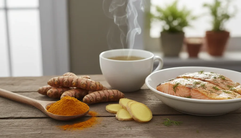 A high-quality, bright photograph featuring a rustic wooden table arranged with fresh turmeric roots, a wooden spoon of bright orange turmeric powder, slices of ginger, a bowl of salmon, and a cup of green tea. The lighting should be natural and soft, evoking a sense of wellness and organic health.