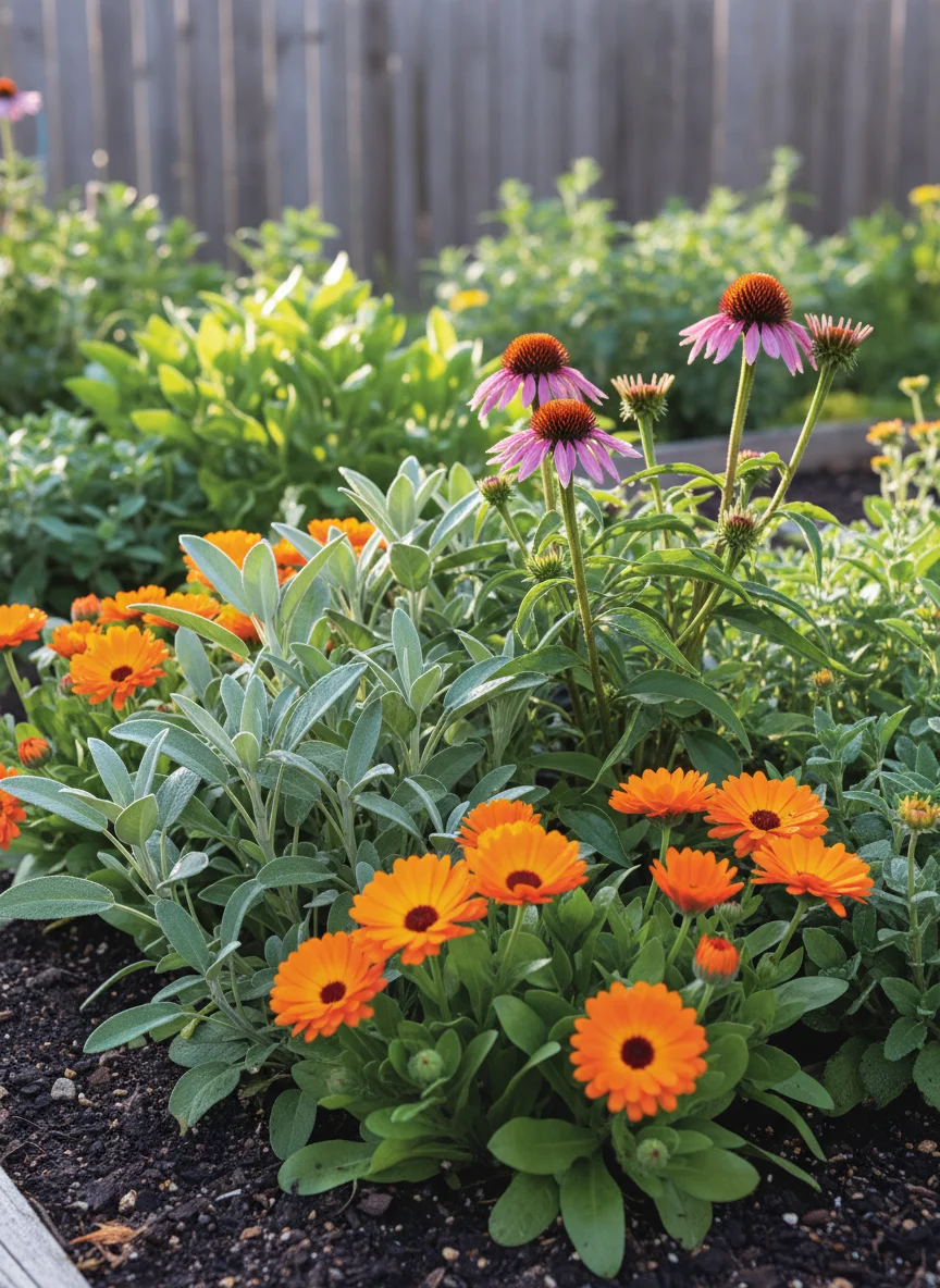 A high-resolution, sunlit close-up of a diverse medicinal herb garden bed featuring vibrant orange Calendula flowers, purple Echinacea blooms, and textured Sage leaves. The lighting is soft and natural, emphasizing the textures and colors of the plants against rich dark soil.