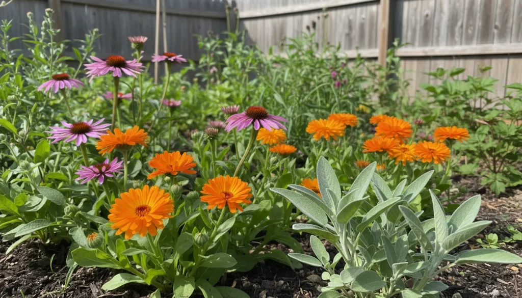 A high-resolution, sunlit close-up of a diverse medicinal herb garden bed featuring vibrant orange Calendula flowers, purple Echinacea blooms, and textured Sage leaves. The lighting is soft and natural, emphasizing the textures and colors of the plants against rich dark soil.