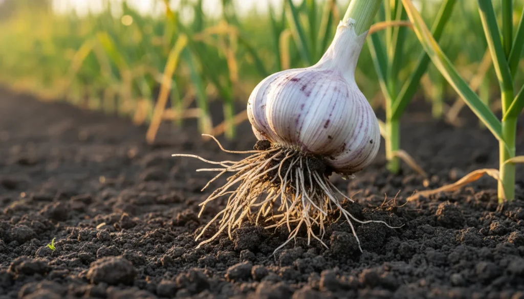 A high-quality, close-up photograph of a fresh garlic bulb being pulled from dark, rich soil. The lighting is warm and golden, suggesting a summer evening. Roots are visible, and the skin of the garlic is pearly white with streaks of purple. In the background, blurred green garlic stalks stand in a garden row.