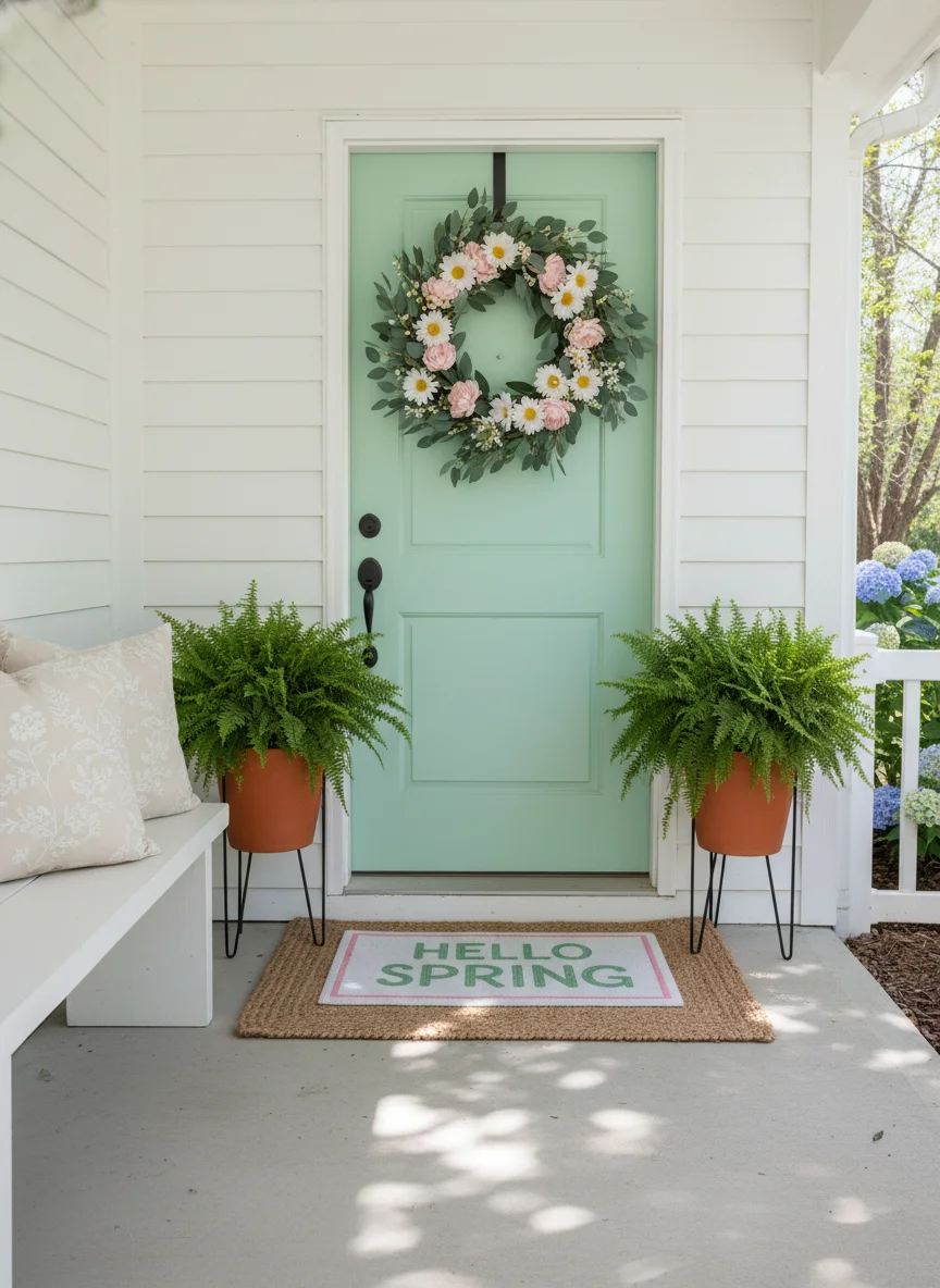 A bright, high-resolution photograph of a small, charming front porch decorated for spring. The scene features a layered doormat, a pastel-colored front door with a floral wreath, two symmetrical potted ferns, and soft sunlight filtering through nearby trees. The style is inviting, clean, and modern farmhouse