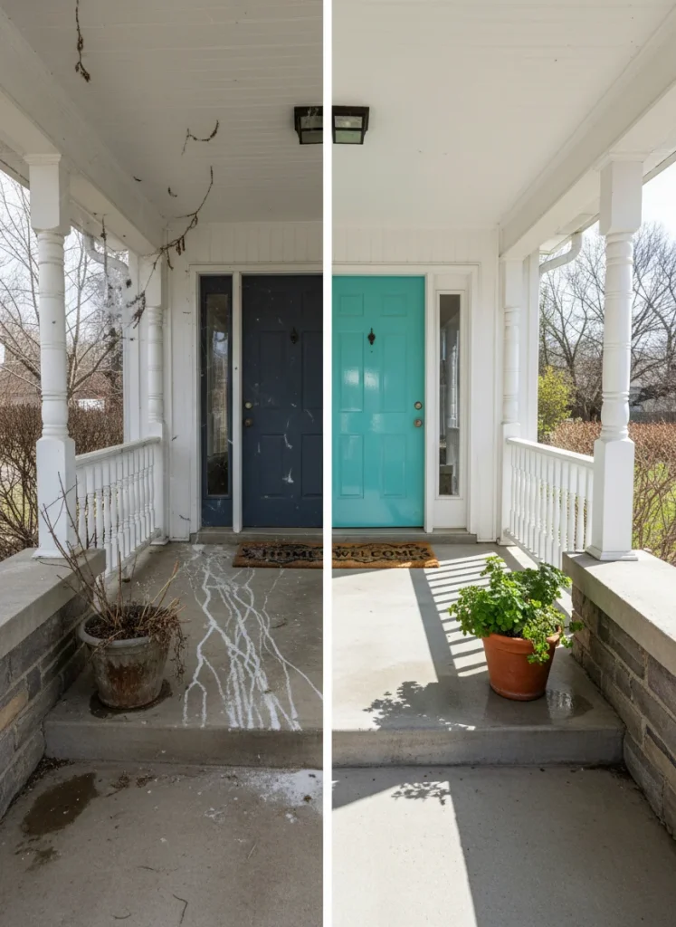 Split-screen before/after transformation - left side shows a grimy winter porch with cobwebs and salt stains, right side shows the same porch freshly cleaned with sparkling surfaces and a bright door. Overhead natural lighting emphasizes the dramatic difference.