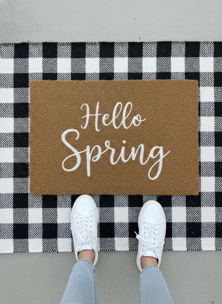 verhead flat-lay shot of a layered doormat setup - a large black and white buffalo check rug as the base with a coir mat featuring "Hello Spring" text layered on top. Add a pair of white sneakers stepping onto the mat for scale and lifestyle appeal.