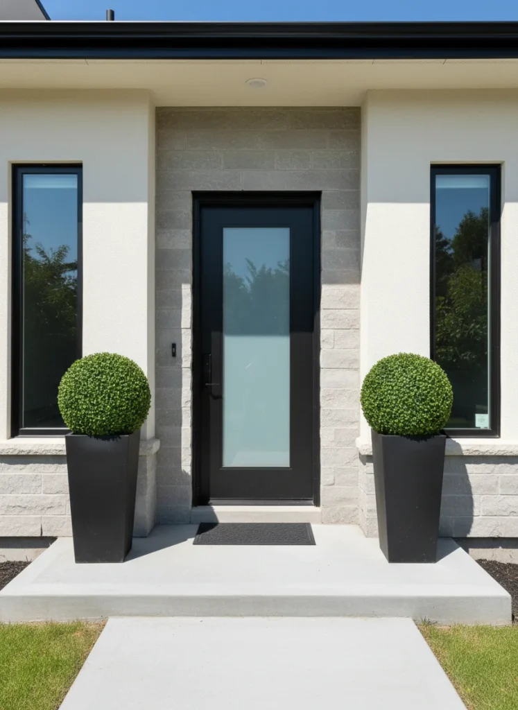 Straight-on view of a front door flanked by two identical tall black planters with faux boxwood topiaries. The symmetry should be perfect, shot during bright midday light to show the crisp lines and shadows.