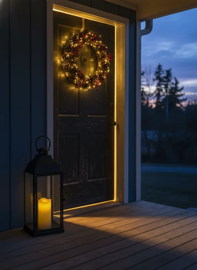 Twilight shot of a small porch with a tall black lantern beside the door containing a glowing LED candle. Warm golden light spills from the doorway, creating inviting shadows and highlighting a wreath above.