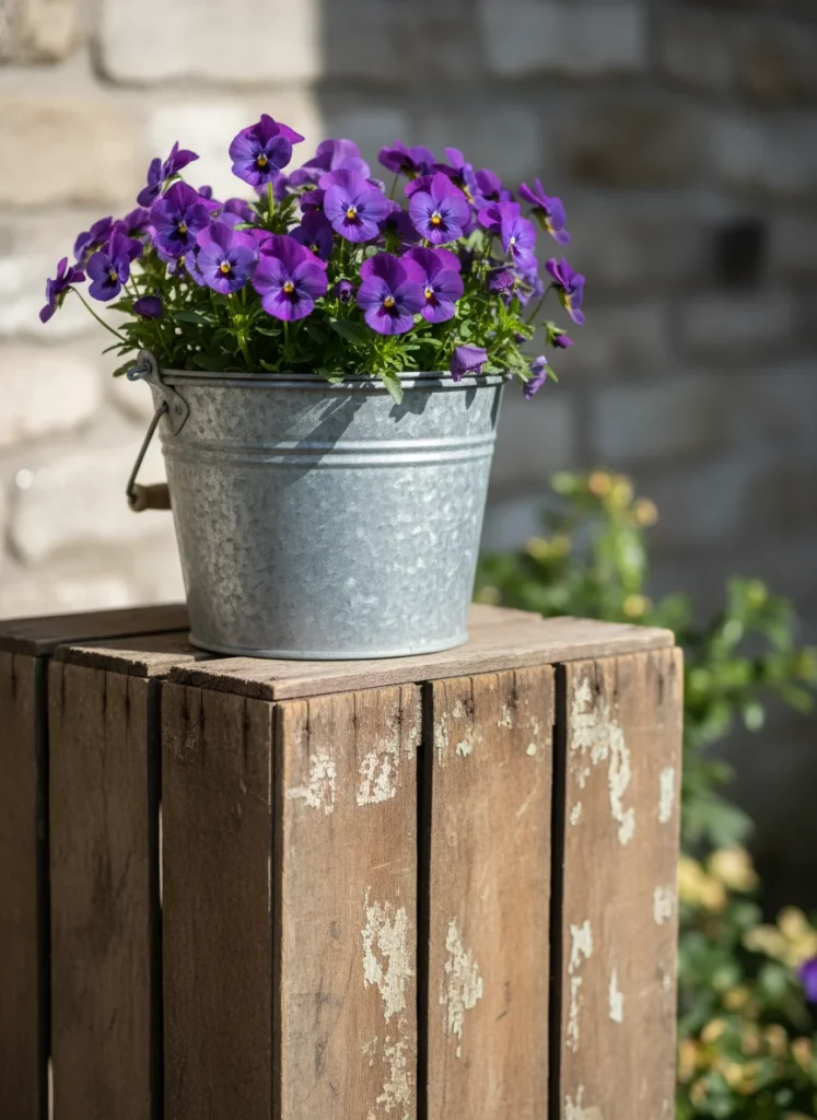 Vintage galvanized metal bucket filled with purple pansies sitting on a weathered wooden crate that's being used as a plant stand. Rustic, farmhouse aesthetic with natural wood textures prominent.