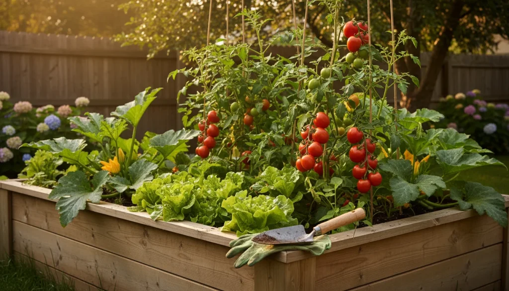 A vibrant, high-resolution photograph of a lush home vegetable garden in early summer. The image features a raised wooden bed filled with bright green lettuce, red tomatoes on the vine, and leafy zucchini plants. Sunlight filters through the leaves, creating a warm and inviting atmosphere. A pair of gardening gloves and a small hand trowel rest on the edge of the garden bed.