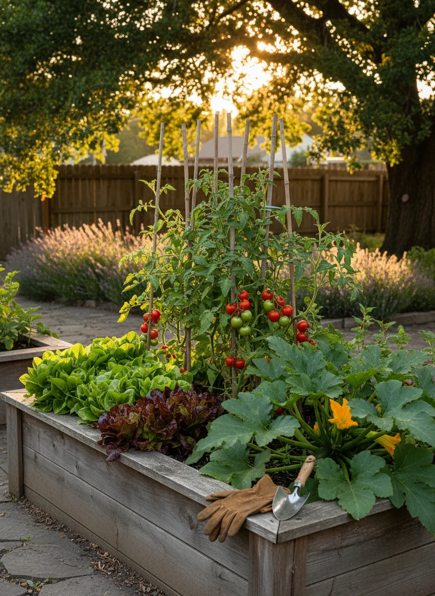 A vibrant, high-resolution photograph of a lush home vegetable garden in early summer. The image features a raised wooden bed filled with bright green lettuce, red tomatoes on the vine, and leafy zucchini plants. Sunlight filters through the leaves, creating a warm and inviting atmosphere. A pair of gardening gloves and a small hand trowel rest on the edge of the garden bed.