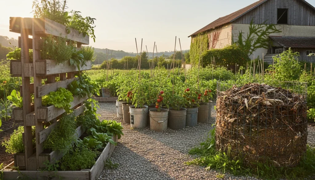  A realistic, high-resolution photo of a thriving vegetable garden using upcycled materials. Wooden pallets serve as vertical planters, repurposed buckets hold tomato plants, and a DIY compost pile is visible in the background. Warm, golden-hour sunlight illuminates the scene.