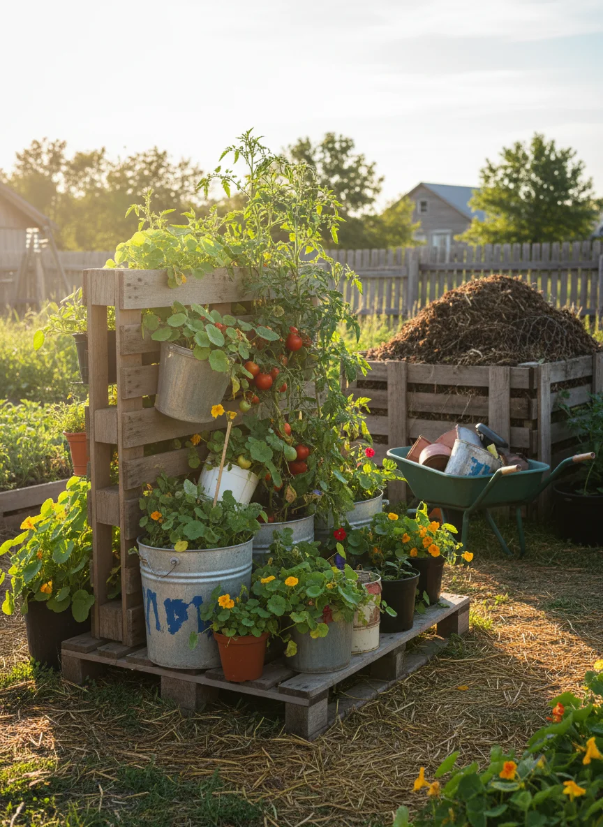 A realistic, high-resolution photo of a thriving vegetable garden using upcycled materials. Wooden pallets serve as vertical planters, repurposed buckets hold tomato plants, and a DIY compost pile is visible in the background. Warm, golden-hour sunlight illuminates the scene.