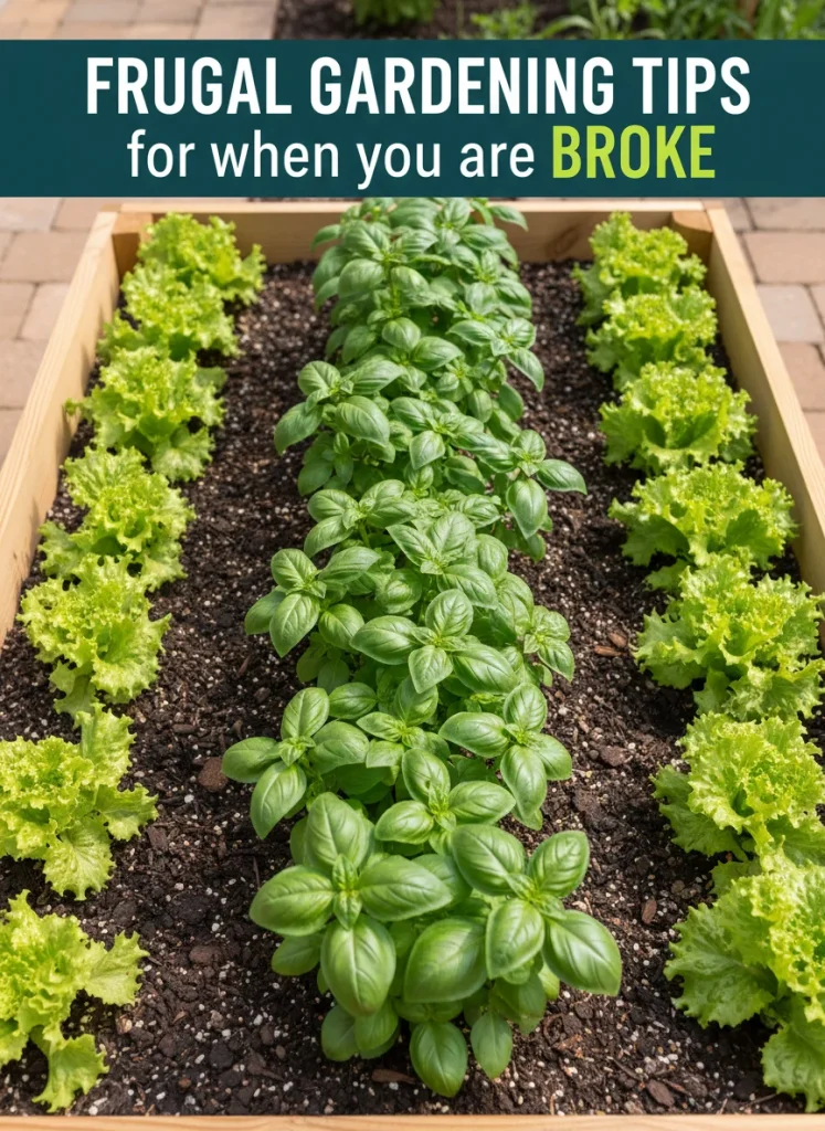Overhead shot of a thriving garden bed with three neat rows: vibrant basil down the center flanked by bright lettuce on both sides, all growing in rich, dark soil. Bold text overlaid at the top reads "FRUGAL GARDENING TIPS for when you are BROKE" in green and white lettering against a dark teal background. The bright, natural lighting highlights the lush greenery and earthy texture, creating an inviting sense of abundance despite the budget-focused message. Standard UI elements (Visit site, resize, and search buttons) frame the bottom corners.