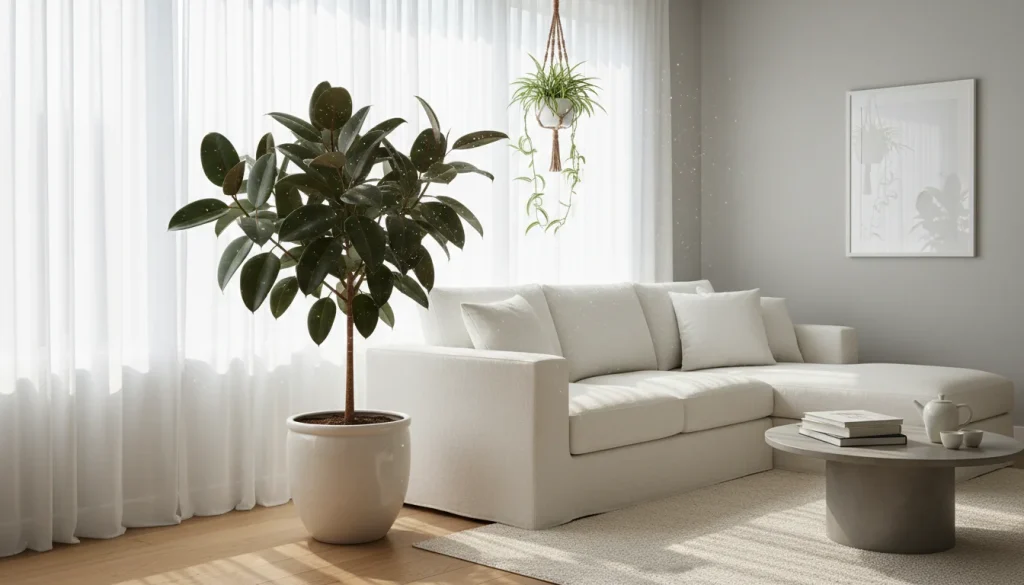  A bright, modern living room featuring a large Ficus Elastica (Rubber Plant) in a ceramic pot next to a white sofa, with sunlight streaming through sheer curtains illuminating dust motes settling on the glossy leaves. A Spider Plant hangs near the window.