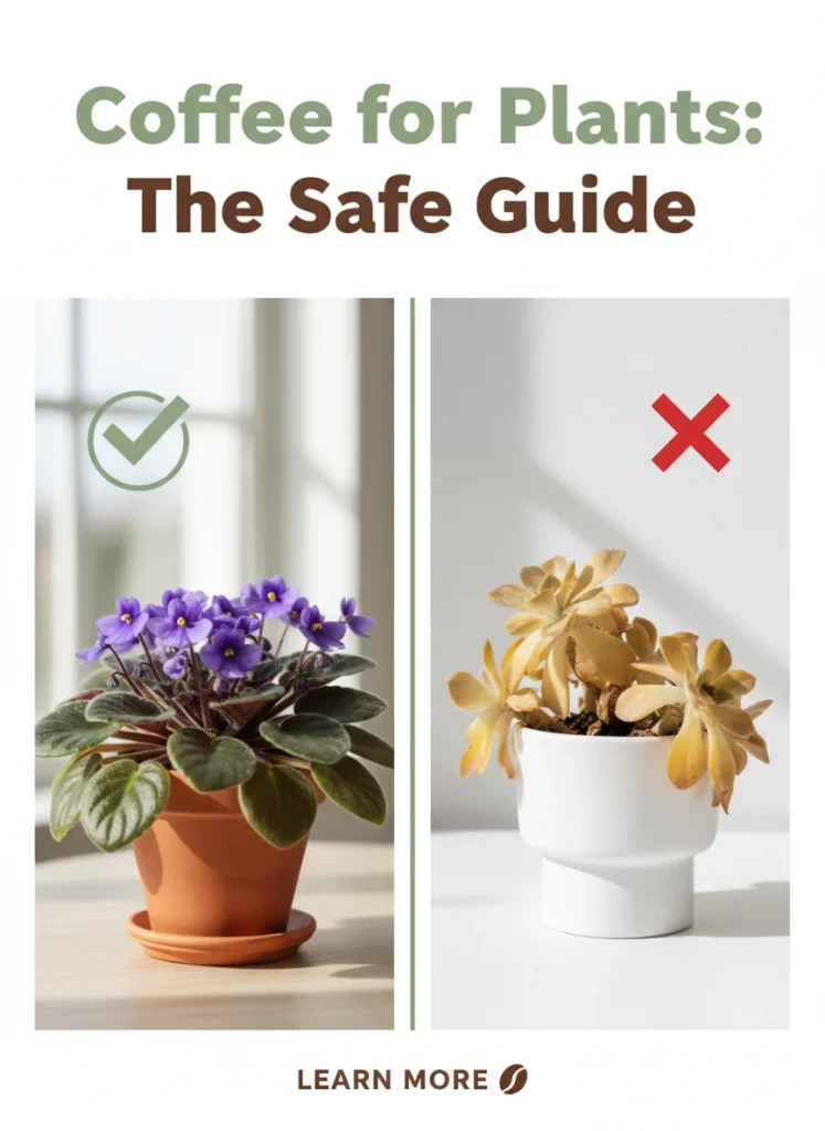 :Create a vertical Pinterest pin graphic titled 'Coffee for Plants: The Safe Guide'. The image should feature a split screen: on the left, a healthy African Violet with a checkmark, and on the right, a succulent with a red X. Use a clean, modern font with earthy tones like sage green and espresso brown.