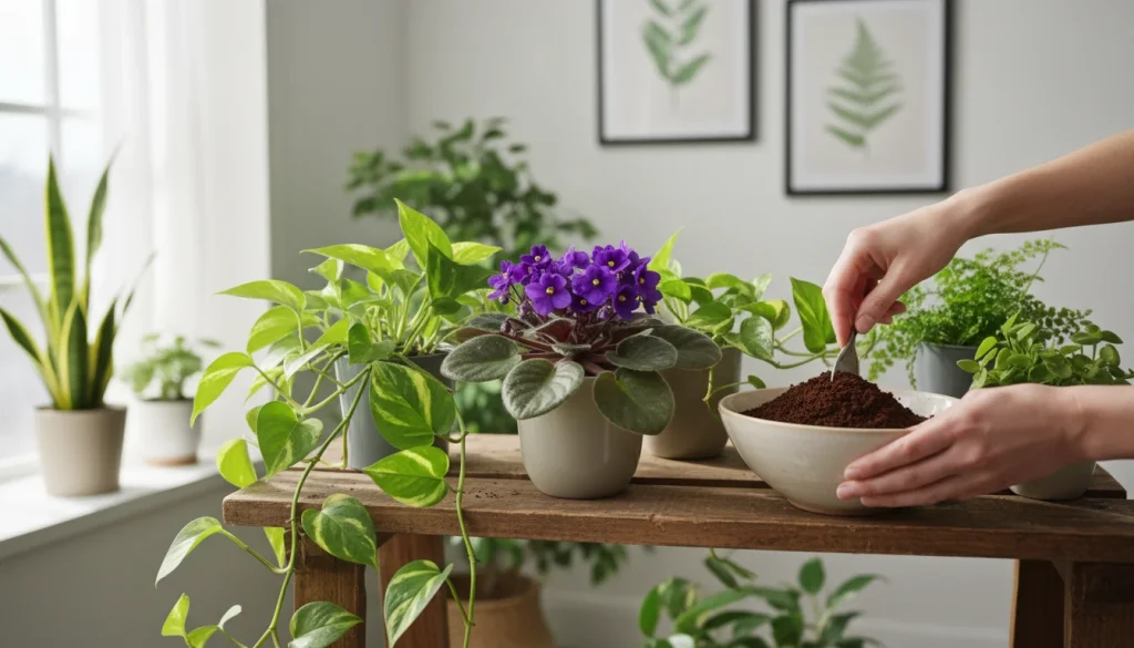  A bright, airy interior scene featuring a collection of lush houseplants on a wooden stand, specifically focusing on an African Violet and a Pothos. A pair of hands is gently mixing dried, brown coffee grounds into a bowl of potting soil. The lighting is soft and natural, emphasizing the vibrant green of the leaves.