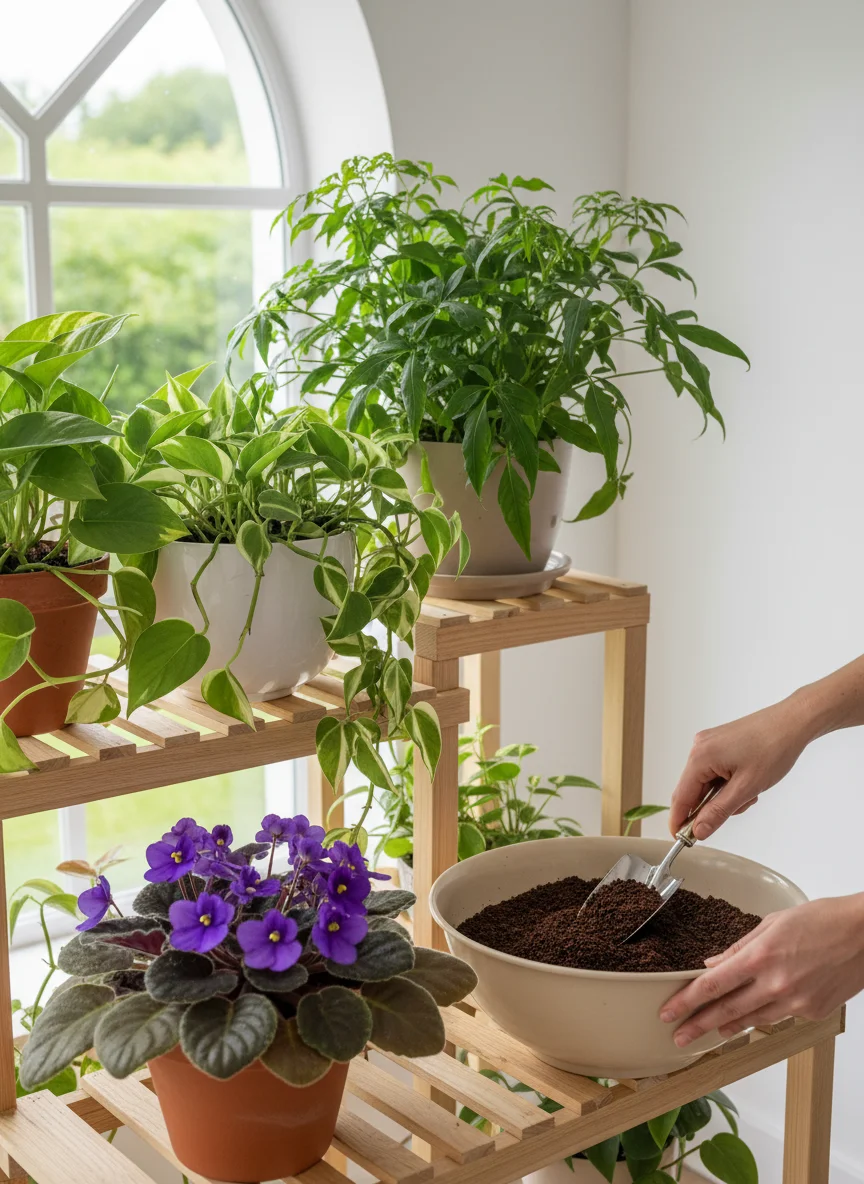 A bright, airy interior scene featuring a collection of lush houseplants on a wooden stand, specifically focusing on an African Violet and a Pothos. A pair of hands is gently mixing dried, brown coffee grounds into a bowl of potting soil. The lighting is soft and natural, emphasizing the vibrant green of the leaves.