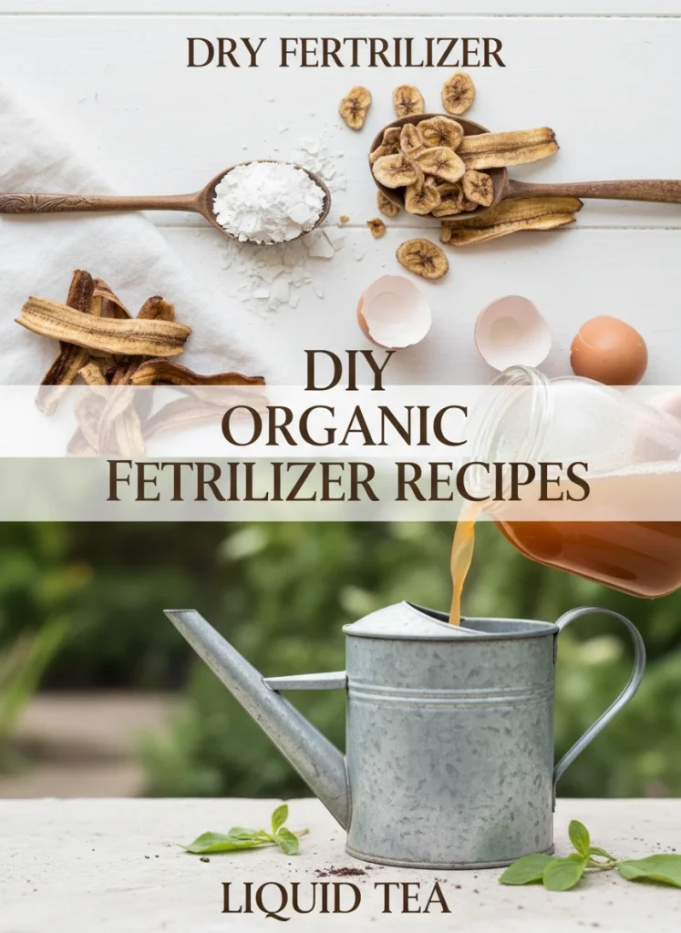 A vertical infographic style image split into two halves. Top half labeled "Dry Fertilizer" showing powdered eggshells and dried banana peels in wooden spoons. Bottom half labeled "Liquid Tea" showing a glass jar of amber liquid being poured into a watering can. Text overlay in bold elegant font: "DIY ORGANIC FERTILIZER RECIPES