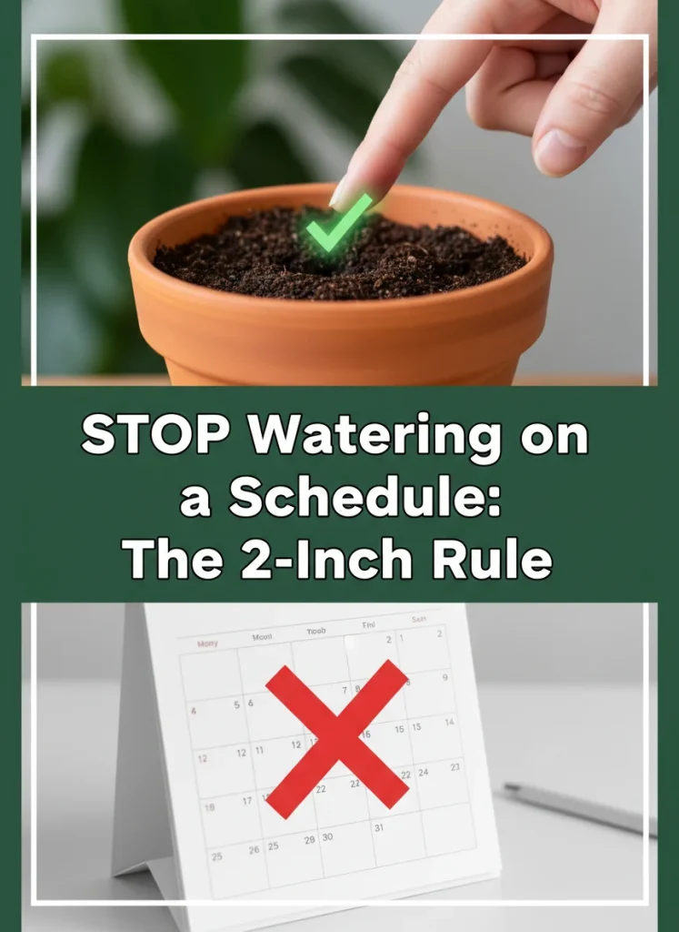 A high-res 1000x1500 vertical Pin image. Composition: A split graphic. Top half shows a finger inserted into soil with a green checkmark icon. Bottom half shows a calendar with a red 'X' over it. Text Overlay: Bold, high-contrast sans-serif font saying "STOP Watering on a Schedule: The 2-Inch Rule". Color Palette: Deep forest green, terracotta orange, and clean white. Style: Minimalist, high-authority, viral Pinterest aesthetic.