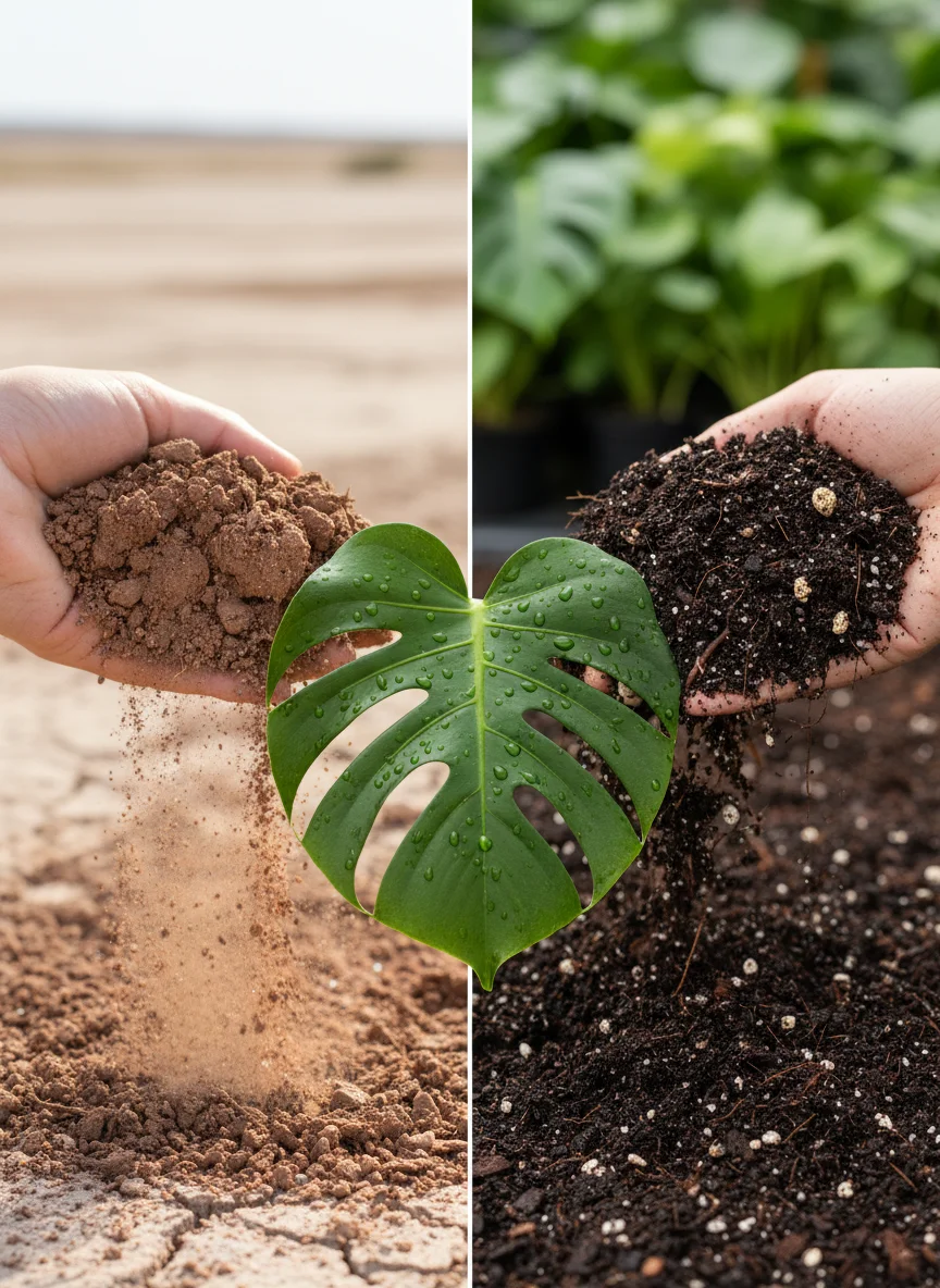 A split-screen high-resolution image. On the left, dry, dusty soil crumbling in a hand. On the right, rich, dark, perfectly moist potting mix. In the center, a vibrant Monstera leaf with water droplets glistening on it. The lighting is natural and soft, highlighting the texture of the soil and the lushness of the plant.
