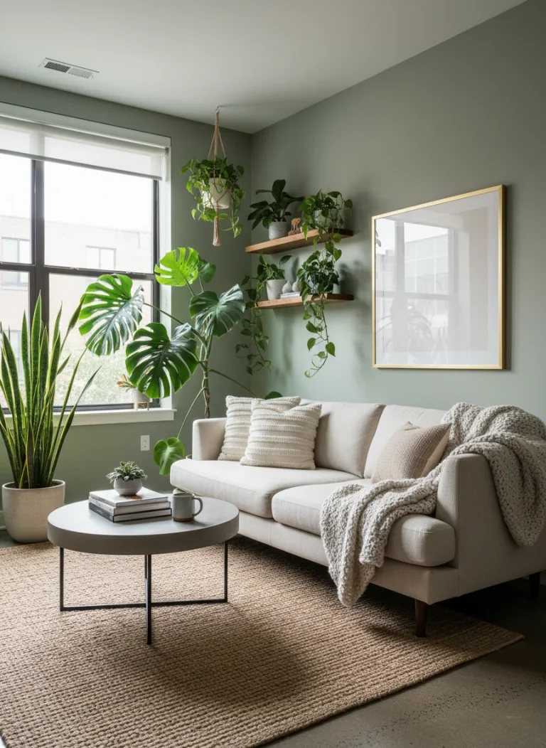 A cinematic, wide-angle interior shot of a stylish, small urban apartment living room. The lighting is moody and ambient, coming from a single north-facing window. Lush, deep green plants like Snake Plants and huge Monsteras fill the corners and shelves, creating a cozy, biophilic sanctuary. High resolution, photorealistic, architectural digest style.